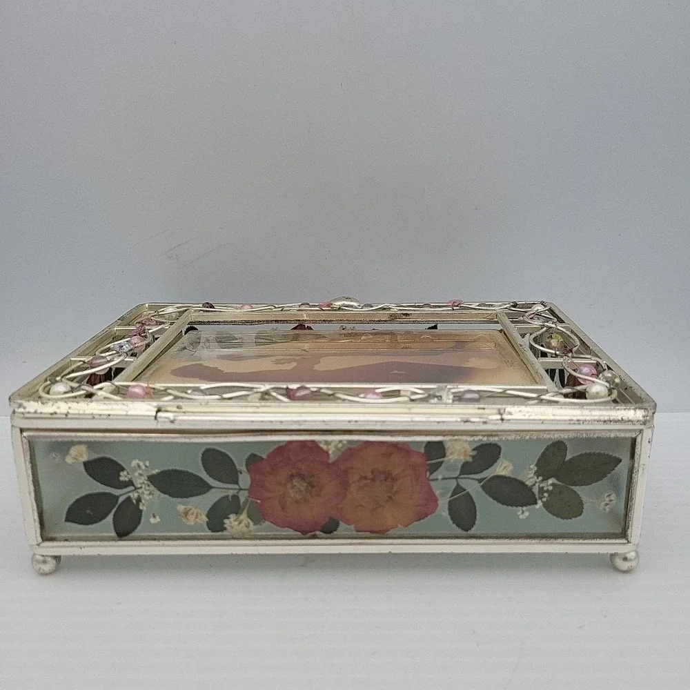 Vintage Glass Jewelry Trinket Photo Box w/ Colorful Beads On Wire